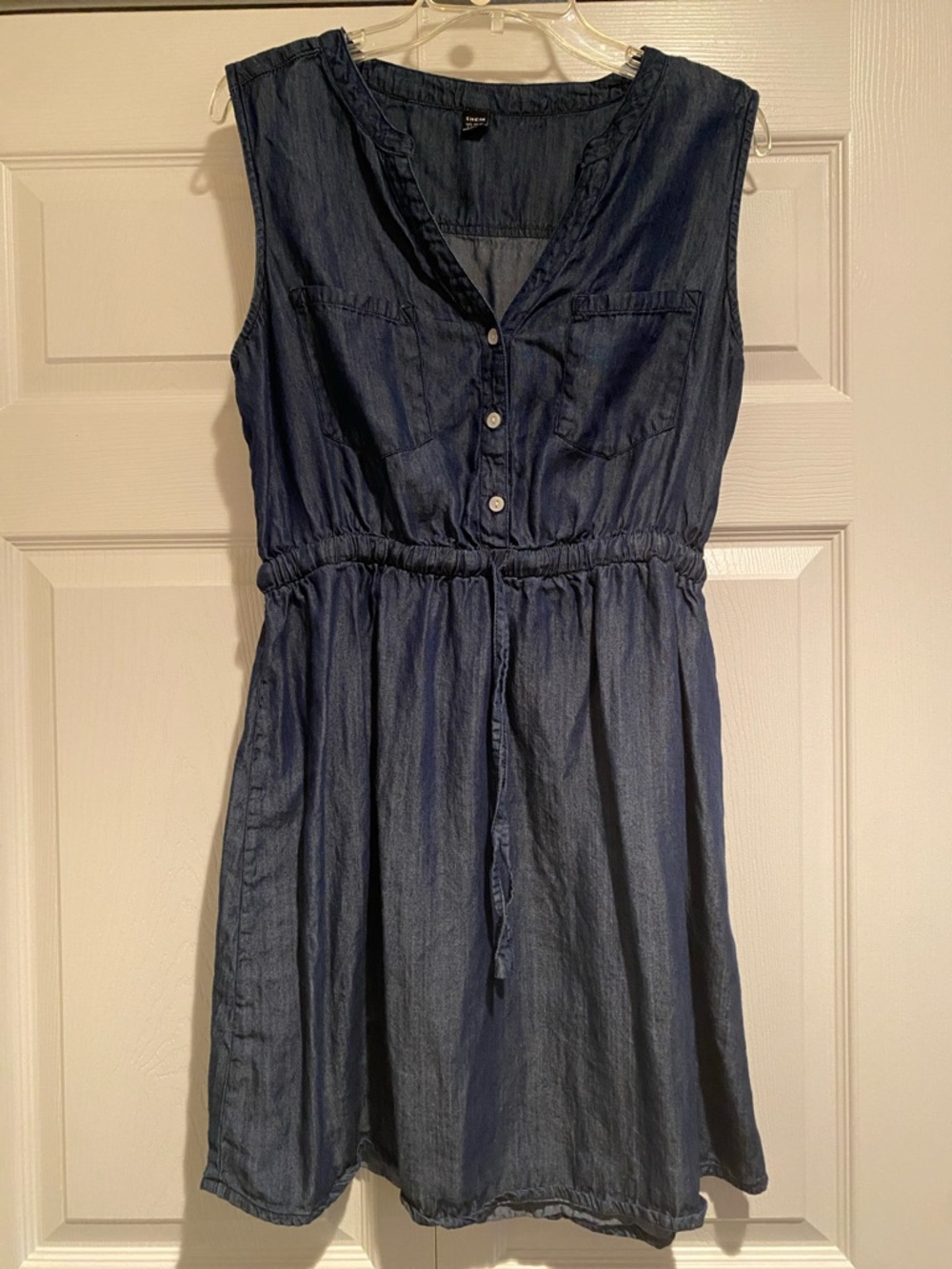 Sleeveless Navy Chambray Denim Drawstring Mini Dress - 8 Petite